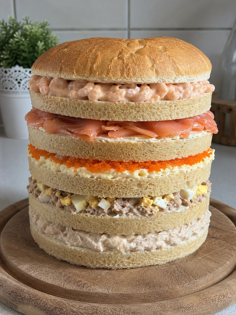 Panettone Gastronomico al Pesce con 5 strati: salsa tonnata, tonno e uova, salmone affumicato, uova di lompo, gamberetti